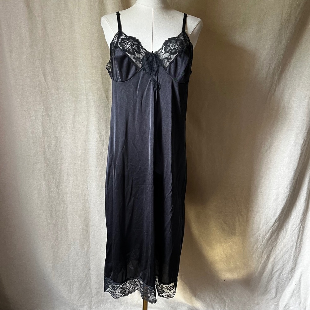 Vintage Black Nylon Lace Full Slip Dress Nightgown Adjustable Straps USA Sz 38